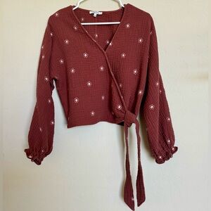 Madewell light spun floral embroidered wrap tie top